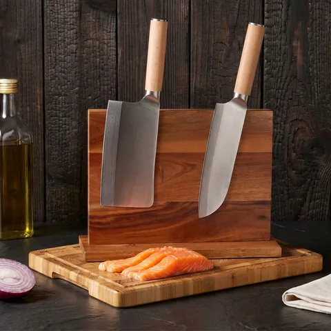 Double Sided Magnetic Knife Block Stand Modern Solid Wood Kitchen Knife Organizer Storage Rack Non Slip Base Wood Holder