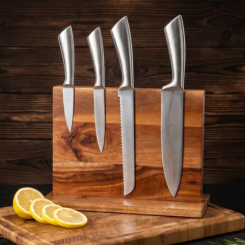 Double Sided Magnetic Knife Block Stand Modern Solid Wood Kitchen Knife Organizer Storage Rack Non Slip Base Wood Holder
