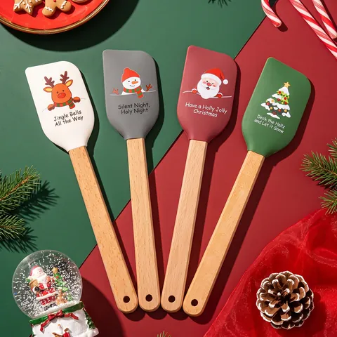 Festive Christmas Silicone Spatula with Beech Wood Handle Santa Snowman Elk Tree Pattern Non-stick Baking Scraper Cream Shovel