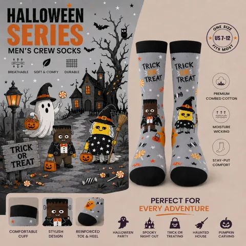Unisex Halloween Crew Socks Grey Pumpkin Witch Pattern Polyester Cotton Blend Trendy Mid-Calf Festival Holiday Casual Socks