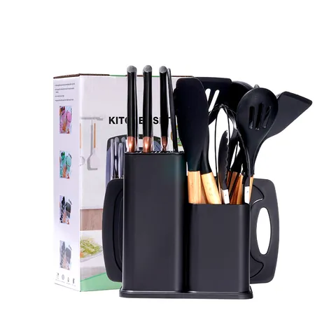 Silicone Kitchen Utensils Set 19 Pieces Non-Stick Cookware Set With Wooden Handles Stainless Steel Kitchen Tools Holder