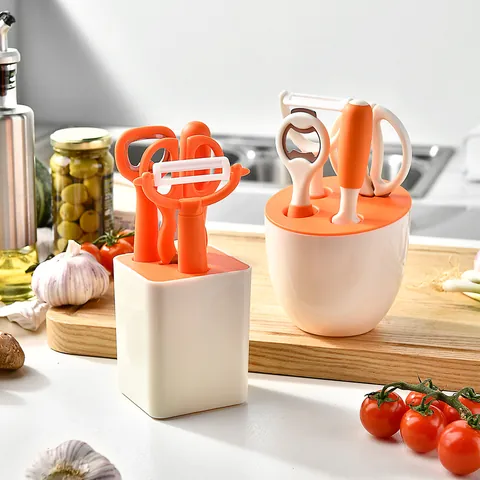 5-delige Keukenhulpjes Set met Opbergbasis Roestvrij Staal Dunschiller Officemes Flesopener Schaar Kookaccessoires