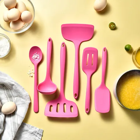 Pink Silicone Kitchen Utensil Set Heat Resistant One Piece Non-Stick Cooking Spatula Slotted Turner Soup Spoon 6 Piece Set