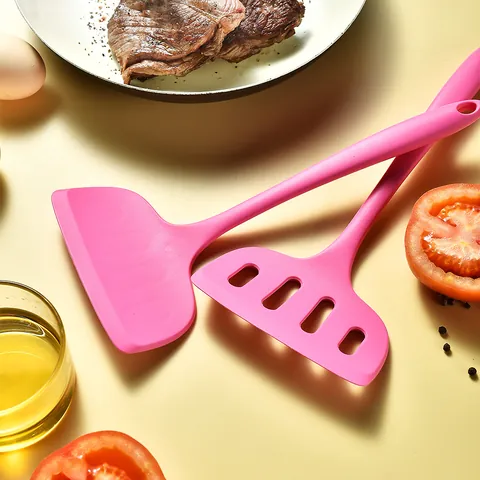 Pink Silicone Kitchen Utensil Set Heat Resistant One Piece Non-Stick Cooking Spatula Slotted Turner Soup Spoon 6 Piece Set