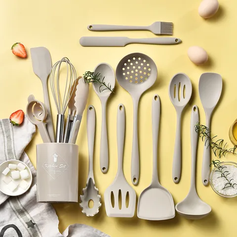 Heat Resistant Silicone Kitchen Utensil Set With Storage Bucket Non-Stick Cookware Cooking Tools Spatula Soup Spoon Set