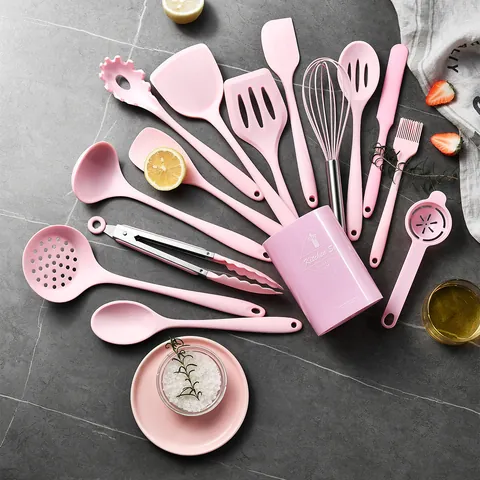 Heat Resistant Silicone Kitchen Utensil Set With Storage Bucket Non-Stick Cookware Cooking Tools Spatula Soup Spoon Set