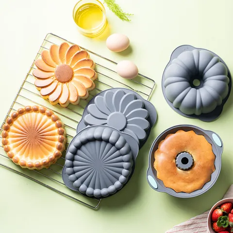 Round Sunflower Spiral Silicone Cake Mold Non-Stick Reusable Baking Pan For Bread Mousse Dessert Kitchen DIY Baking Tool With Handles