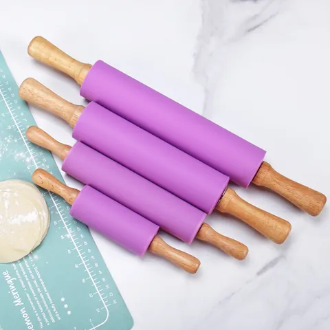Silicone Rolling Pin With Wood Handle Non-Stick Dough Roller For Baking Pastry Pizza Dumpling Skin Kitchen Baking Tools