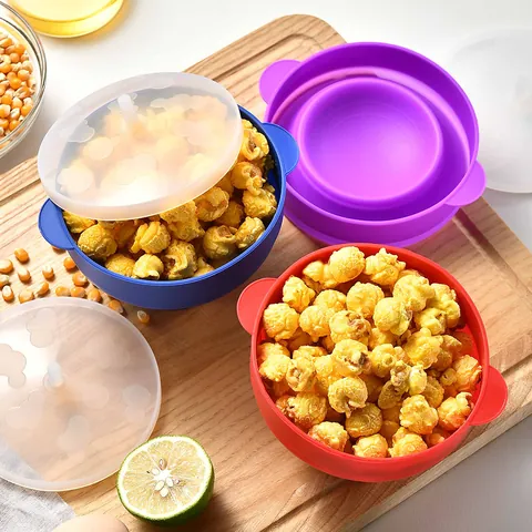 Foldable Silicone Popcorn Bowl With Lid Microwave Oven Safe Heat Resistant Round Silicone Snack Container For Home Kitchen