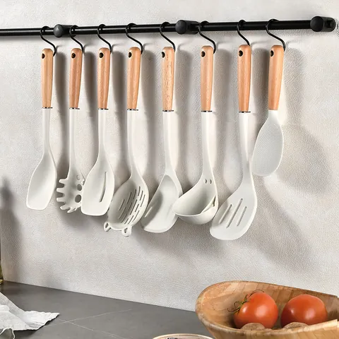 Silicone Kitchen Cooking Utensils Set With Beech Wood Handle Heat Resistant Non Stick Spatula Soup Ladle Pasta Server Spoon