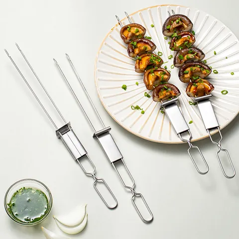 Semi-Automatic Stainless Steel BBQ Skewers Dual Prong Grilling Fork Sliding Pusher Portable Outdoor Barbecue Tool Metal Roasting Sticks