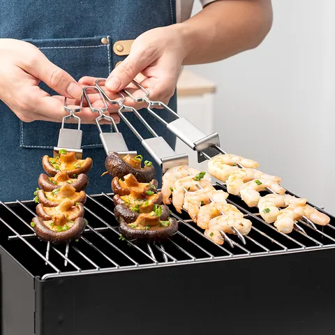 Tenedor de Barbacoa de Acero Inoxidable con Doble Púa Deslizador Semiautomático Brocheta Reutilizable para Camping Exterior Carne Verduras Parrilla
