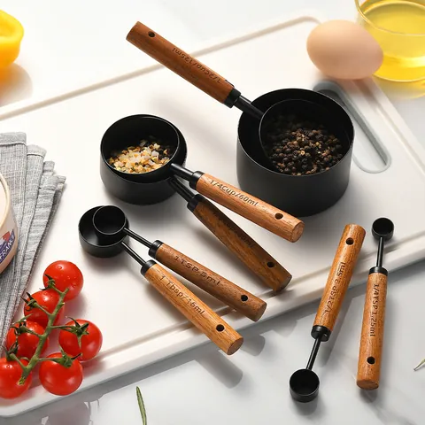 Stainless Steel Measuring Cups And Spoons Set with Wood Handle Baking Tools For Kitchen Cooking Gold Silver Black Rose Gold