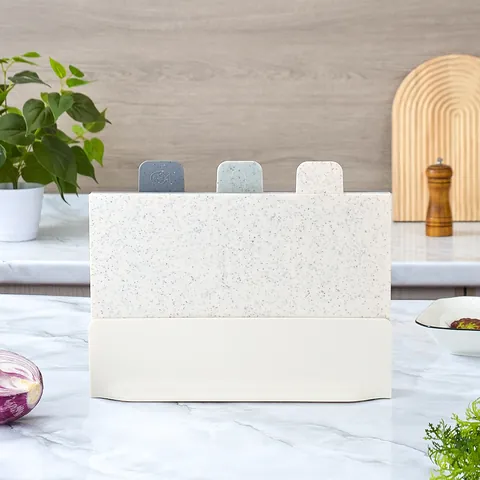 3-Piece Plastic Indexed Cutting Board Set With Storage Stand Non-Slip Classified Chopping Boards For Meat Vegetables Fish Kitchen Tools