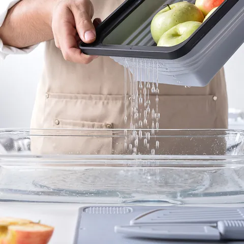 Folding Drain Basket And Cutting Board Set Multifunctional Collapsible Kitchen Washing Basket Portable Outdoor Camping Picnic Drainer Plastic Kitchenware