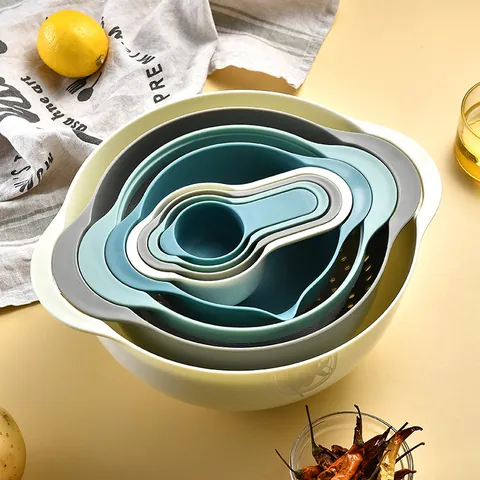 Nested Kitchen Tool Set Including Mixing Bowls Colander Sieve And Measuring Cups Food Grade Plastic Space Saving Gadgets