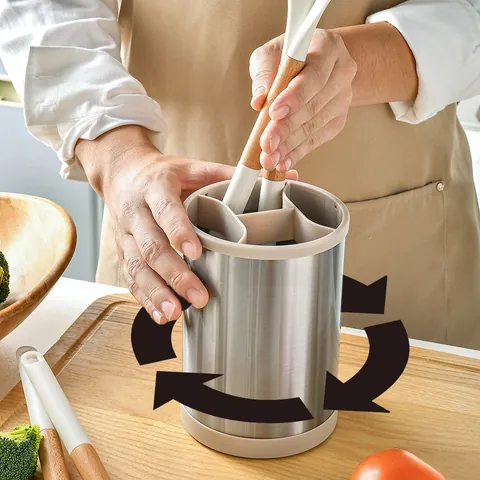 Rotating Stainless Steel Kitchen Utensil Holder Multi Functional Cutlery Organizer With Compartments Modern Kitchen Storage Rack