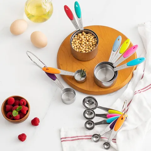 Stainless Steel Measuring Cups Spoons Colorful Silicone Handles Kitchen Baking Cooking Measuring Tools Engraved Scale Kit