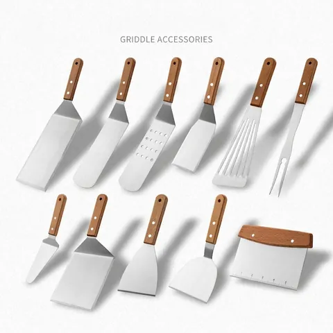 Stainless Steel Griddle Spatula With Wooden Handle Professional BBQ Accessories Metal Turner Meat Fork Scraping Tools For Outdoor Flat Top Grill