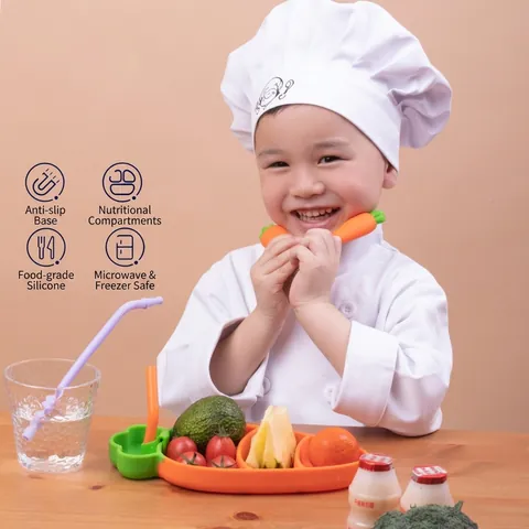 Carrot Shaped Silicone Baby Feeding Plate Set Stainless Steel Fork Spoon Straw Brush Suction Base Non-Slip Tableware