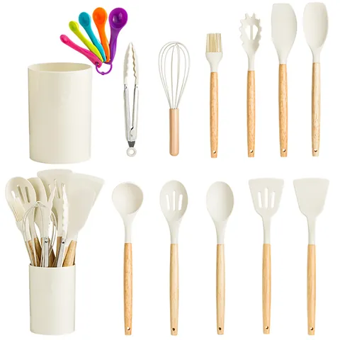 17 Piece Silicone Kitchen Utensil Set With Wooden Handle Heat Resistant Spatula Spoon Whisk Tongs Storage Bucket Kitchenware