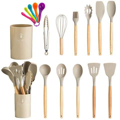 17 Piece Silicone Kitchen Utensil Set With Wooden Handle Heat Resistant Spatula Spoon Whisk Tongs Storage Bucket Kitchenware