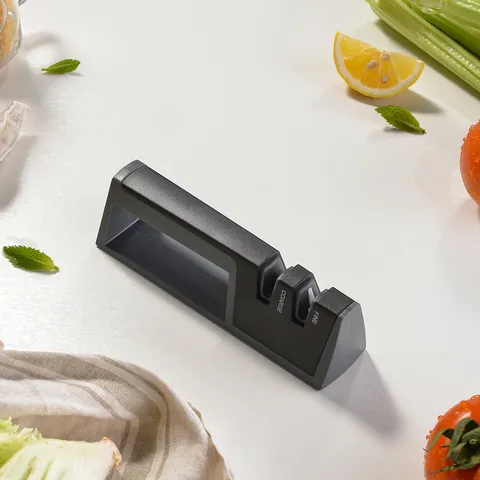 Manual 2-Stage Knife Sharpener Professional Kitchen Sharpening Tool For Straight Knives Tungsten Steel Ceramic Ergonomic Design Black Grey Gadgets