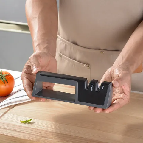 Manual 2-Stage Knife Sharpener Professional Kitchen Sharpening Tool For Straight Knives Tungsten Steel Ceramic Ergonomic Design Black Grey Gadgets