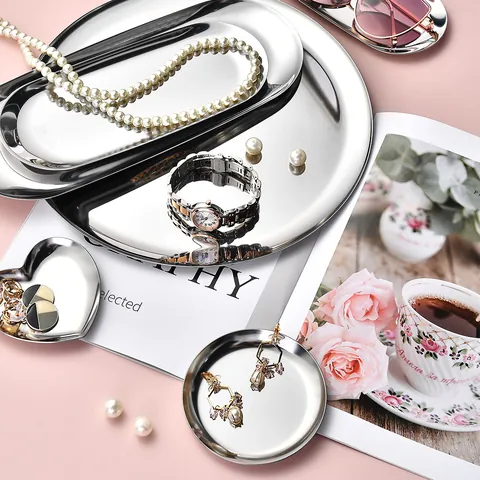 Stainless Steel Gold Plated Tray For Jewelry Storage And Food Serving Mirror Polished Heart Oval Round Metal Desktop Organizer Plate