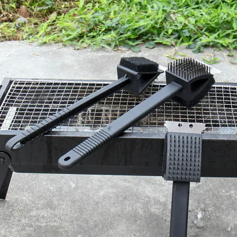 3-in-1 BBQ Grill Cleaning Brush with Stainless Steel Scraper Wire Bristles and Scouring Pad Long Handle Outdoor Barbecue Cleaner Tool