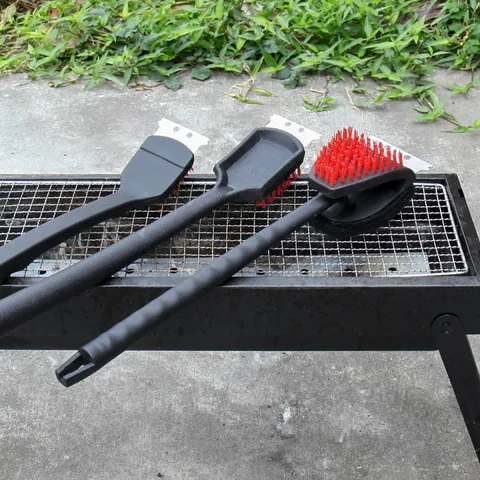 Long Handle Multi-Functional BBQ Grill Cleaning Brush Stainless Steel Scraper Nylon Bristles Outdoor Barbecue Cleaner Tool