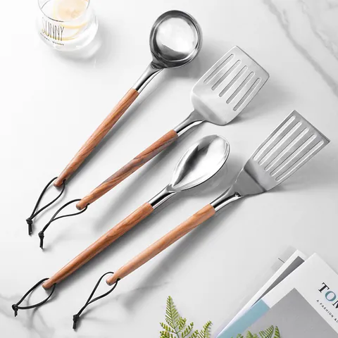 Stainless Steel Kitchen Utensils Set With Solid Wood Handle Soup Ladle Slotted Turner Solid Spoon Cooking Tools For Home Kitchen