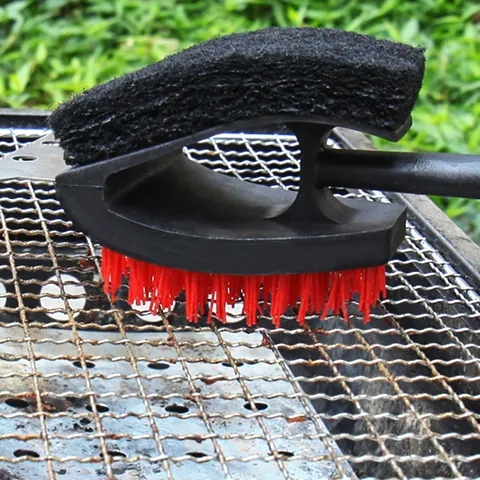 Long Handle Multi-Functional BBQ Grill Cleaning Brush Stainless Steel Scraper Nylon Bristles Outdoor Barbecue Cleaner Tool