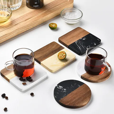Nordic Style Marble Wood Splicing Coaster Heat Resistant Round Square Cup Mat For Home Bar Restaurant Table Decor