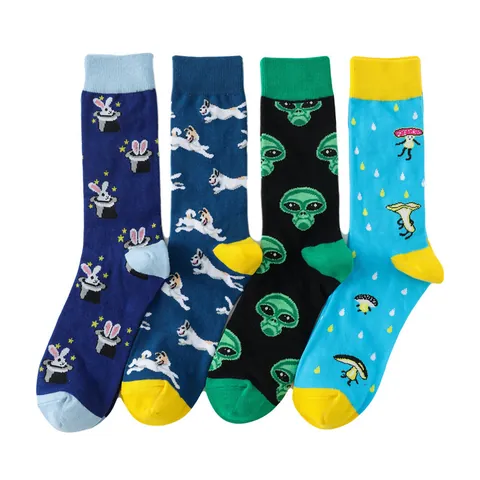 Men Crew Socks Combed Cotton Cartoon Animal Alien Dog Mushroom Rabbit Patterned Skateboarding Colorful Breathable Socks