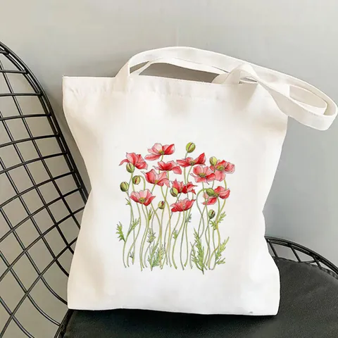 Harajuku Floral Printed Canvas Tote Bag For Women Casual White Cotton Fabric Shoulder Shopping Bag Reusable Grocery Tote