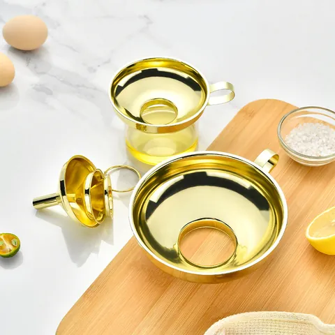Gold Plated Stainless Steel Funnel Set Wide Mouth And Mini Funnels With Hanging Hook For Liquid Oil Grain Kitchen Cooking Tools