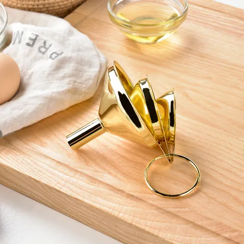 Gold Plated Stainless Steel Funnel Set Wide Mouth And Mini Funnels With Hanging Hook For Liquid Oil Grain Kitchen Cooking Tools