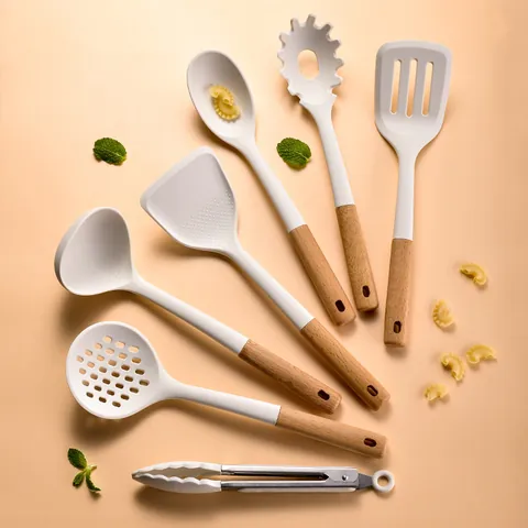 Heat Resistant Silicone Kitchen Utensils Set With Beech Wood Handle Cream White Cooking Spoon Spatula Slotted Turner Set For Nonstick Cookware