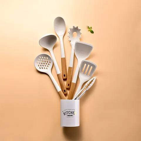 Heat Resistant Silicone Kitchen Utensils Set With Beech Wood Handle Cream White Cooking Spoon Spatula Slotted Turner Set For Nonstick Cookware