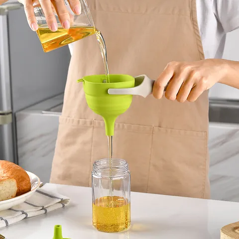 Handheld Silicone Folding Funnel Set Long Handle Telescopic Oil Liquid Funnel For Kitchen Space Saving Storage Tool