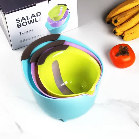 Multicolor Kitchen Salad Bowl Colander Set PP Plastic Mixing Bowls with Non-Slip Handles Space Saving Nesting Wash Basin