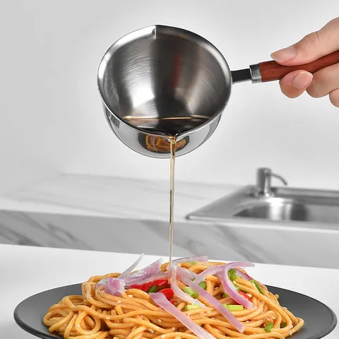 Tri-ply Stainless Steel Mini Hot Oil Pot with Wood Handle Double Pour Spouts Scaled Searing Oil Pan Small Milk Pot