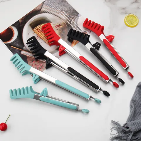 Silicone Pasta Tongs With Stand Stainless Steel Handle Heat Resistant Comb Head Food Tongs For Kitchen BBQ Serving