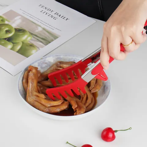 Silicone Pasta Tongs With Stand Stainless Steel Handle Heat Resistant Comb Head Food Tongs For Kitchen BBQ Serving