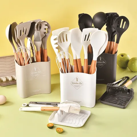 Set di Utensili da Cucina in Silicone Con Manico in Legno Naturale Strumenti di Cottura Antiaderenti Resistenti al Calore Spatola Mestolo Pinze