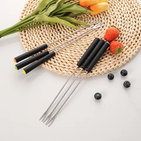 Stainless Steel Fondue Forks With Multi Colored Handles For Chocolate Cheese BBQ Fruit Double Prong Dessert Tableware