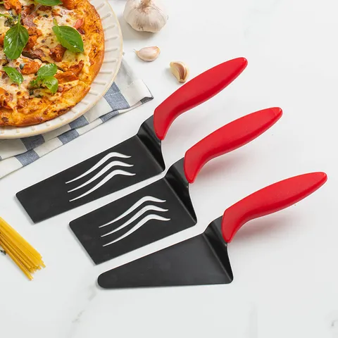 Non-Stick Stainless Steel Pizza Shovel Long Cooking Spatula Triangle Shovel With Red Plastic Handle Kitchen Baking Tools Kit