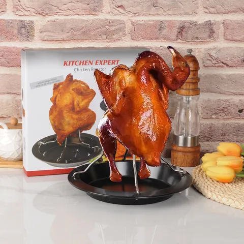 Stainless Steel Vertical Chicken Roaster Rack with Non-Stick Drip Pan Detachable BBQ Grilling Stand for Outdoor Camping