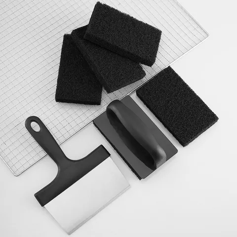 Stainless Steel Griddle Scraper and Grill Scouring Pads with Handle Professional BBQ Tool Kit for Flat Top Grill Cleaning